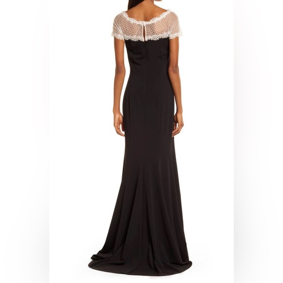 $388 Tadashi Shoji Lace Yoke Crepe Gown two-tone column black white maxi dress - Picture 3 of 11